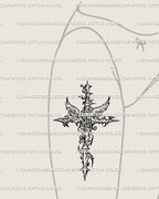 Women’s front thigh or hip idea for gothic cybersigilism cross tattoo stencil with angel wings and ornamental details.