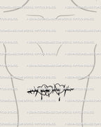 Bleeding hearts tattoo stencil under breasts, delicate thorned heart linework design symbolizing love, heartbreak, and rebirth. 