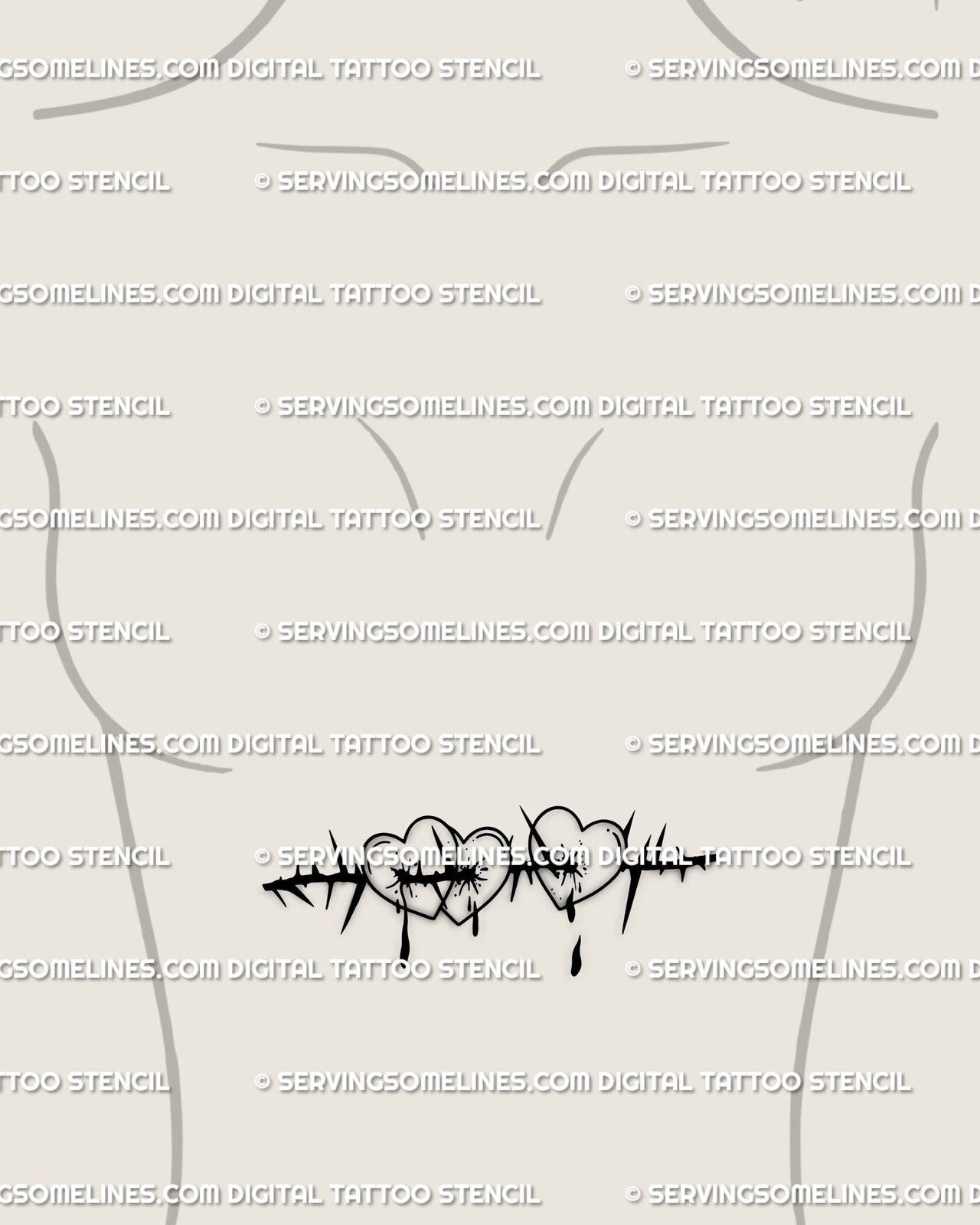 Bleeding hearts tattoo stencil under breasts, delicate thorned heart linework design symbolizing love, heartbreak, and rebirth. 