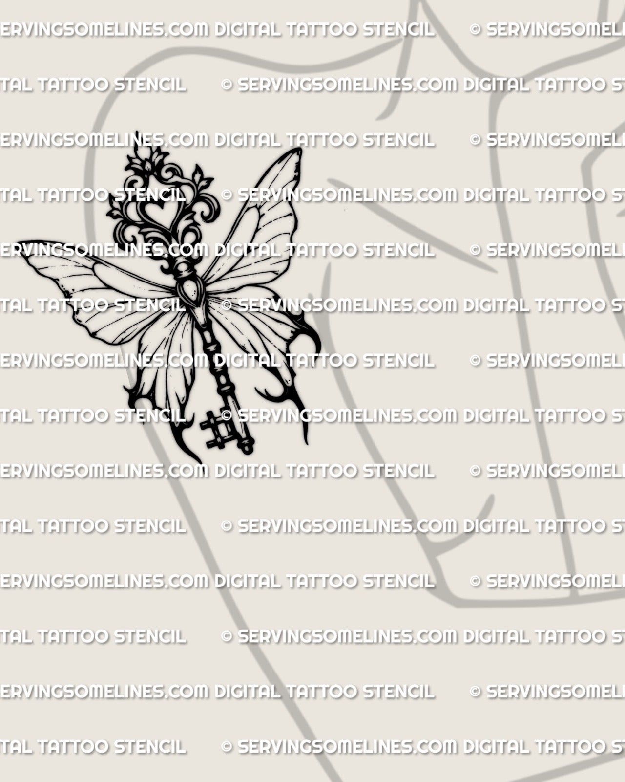 Womens upper arm placement shown with butterfly key tattoo stencil, gothic butterfly key design with clean vertical key spine.