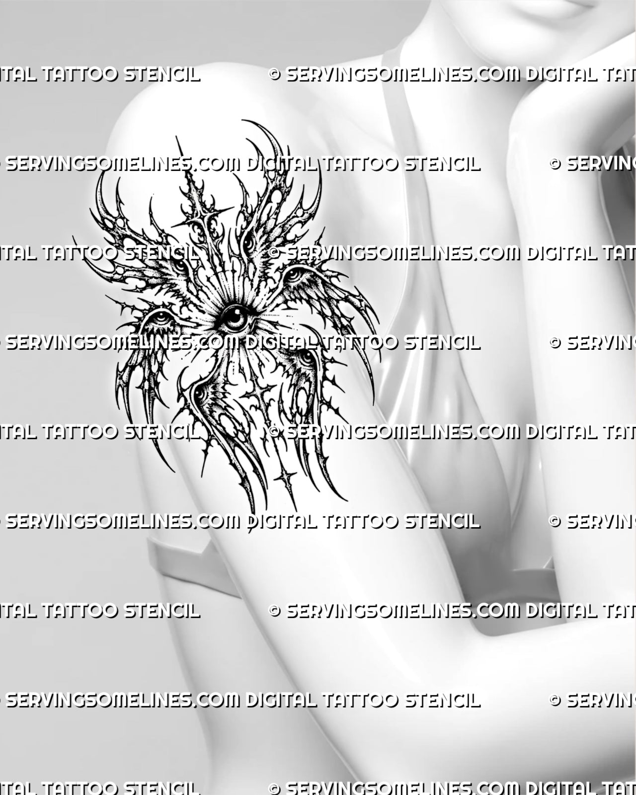 Women's upper arm cyber seraphim angel tattoo stencil preview with six-wing shape, central eye, and sharp gothic linework

