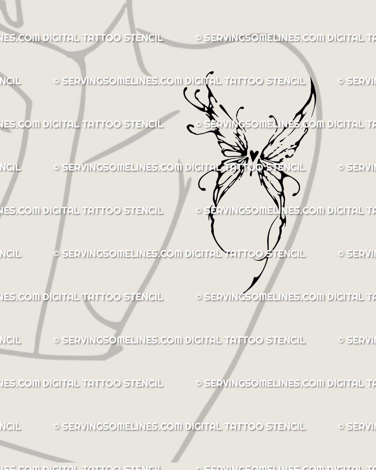 Feminine cyber sigil butterfly heart tattoo on upper arm, ornamental fairycore linework design for small aesthetic ink.