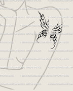 Dark fairy butterfly tattoo on woman’s upper arm, cybersigil tribal wings design with witchy detailing and subtle sparkle flow.