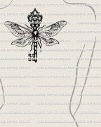 Dragonfly key tattoo stencil shown on womens upper back placement, wide dragonfly wings and clean vertical key spine in gothic style.