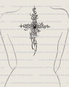 gothic cyber cross tattoo aligned on womens upper back center with extended arms and gemstone focal point, clean ornamental cybersigil style
