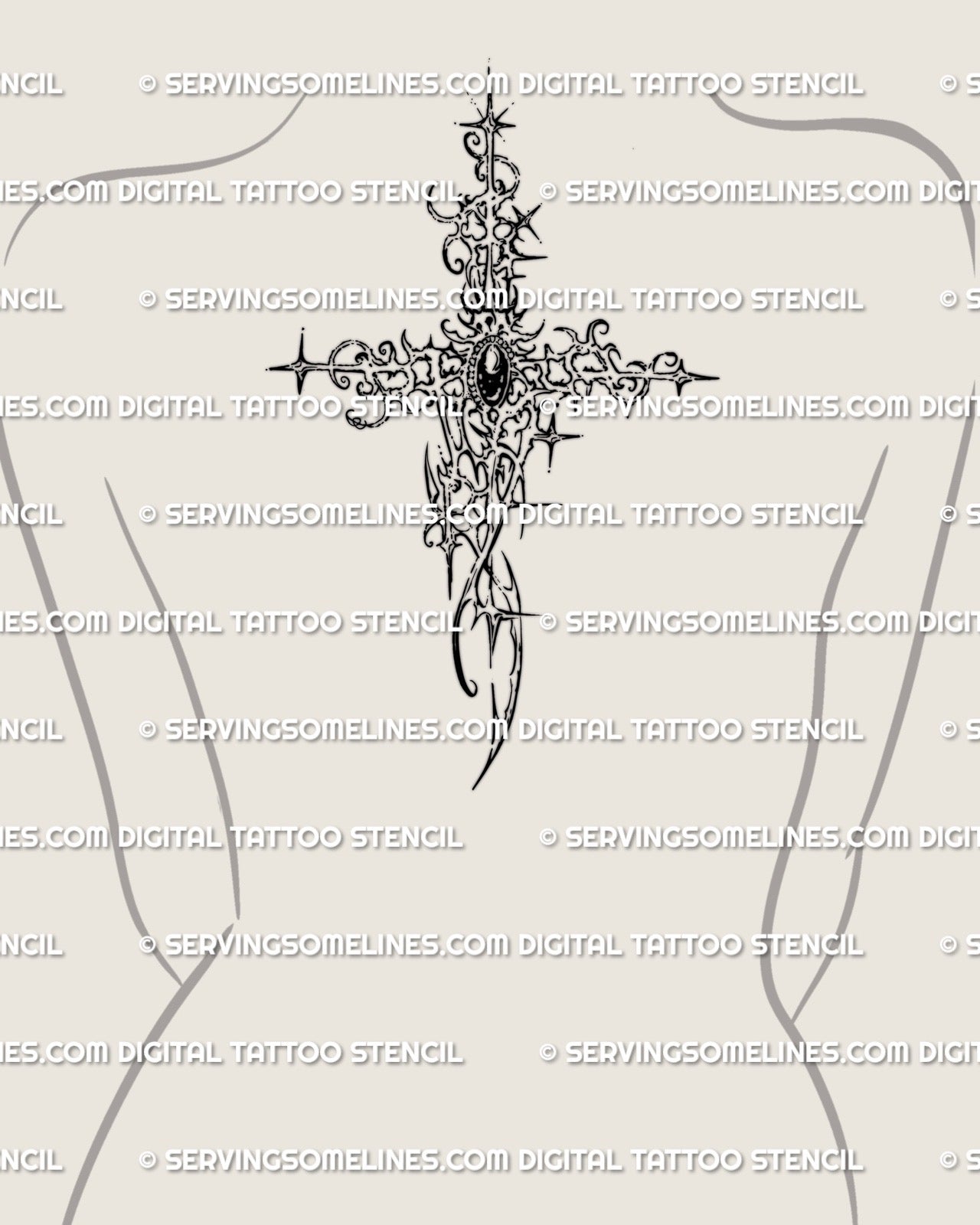gothic cyber cross tattoo aligned on womens upper back center with extended arms and gemstone focal point, clean ornamental cybersigil style
