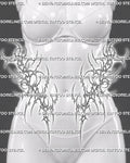 Women’s front waist view showing a cybersigilism tattoo stencil with open heart details, sharp curves, and V line placement