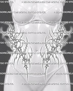 Women’s front waist view showing a cybersigilism tattoo stencil with open heart details, sharp curves, and V line placement