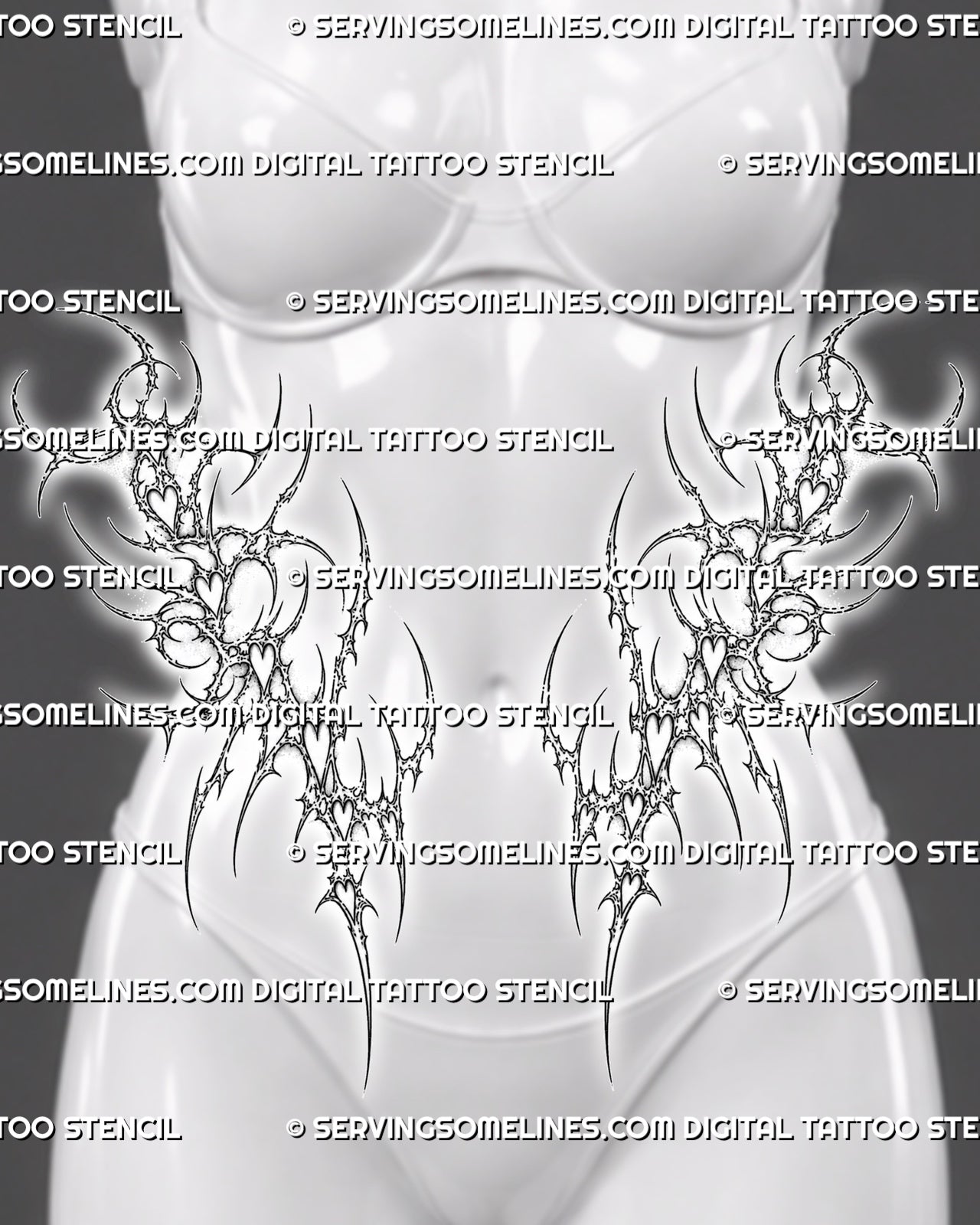 Women’s front waist view showing a cybersigilism tattoo stencil with open heart details, sharp curves, and V line placement