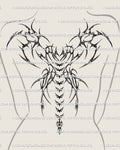 Women’s back mockup showing a winged heart spine tattoo stencil with dark sharp detail and vertical back placement