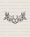 Y2K heart tattoo design with two tribal butterflies, star accents, and a wide horizontal layout shown as the main stencil file