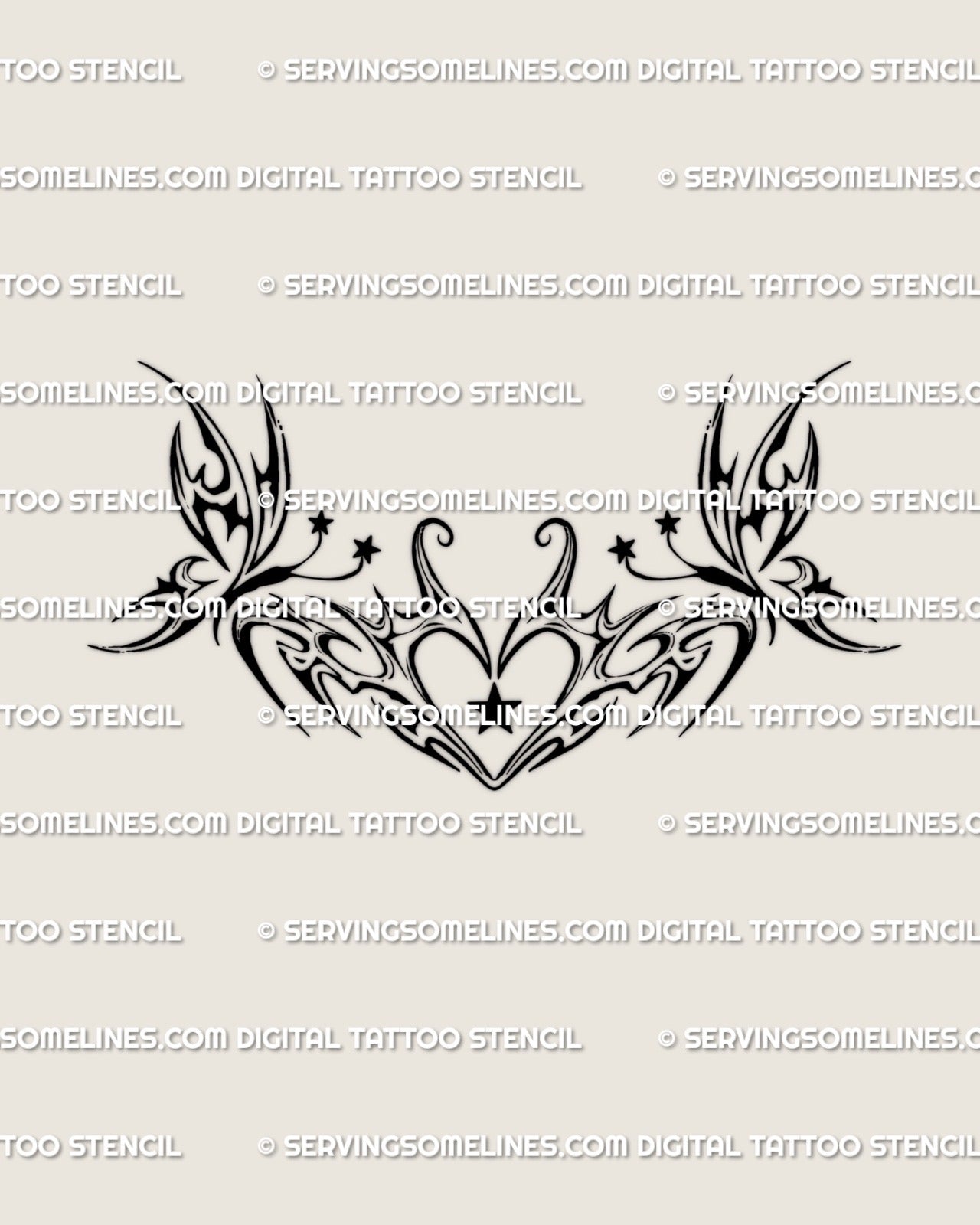 Y2K heart tattoo design with two tribal butterflies, star accents, and a wide horizontal layout shown as the main stencil file