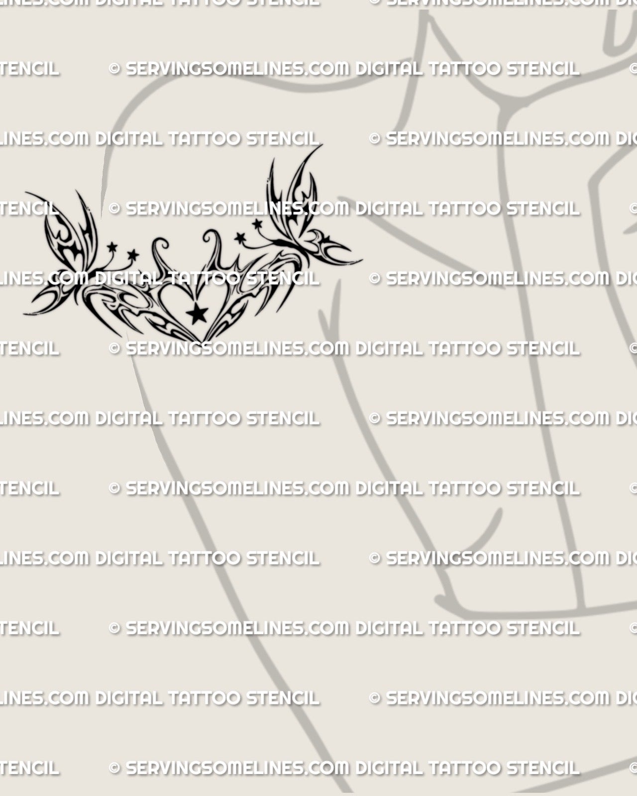 Winged heart tattoo stencil shown on womens upper arm placement, with twin butterflies framing the center heart