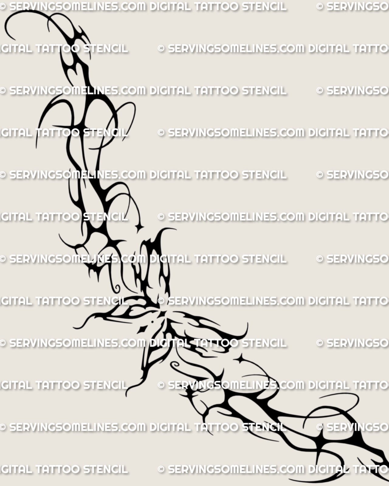 Y2K butterfly lower back tattoo stencil shown as a full design layout, with a centered butterfly body and pointed decorative shaping.