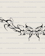Close detail of the Y2K butterfly lower back tattoo stencil, showing the centered body, pointed lines, and sleek outer spread.