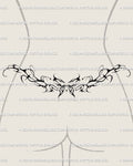 Y2K butterfly lower back tattoo shown on women's lower back placement example, with a sleek centered butterfly and wide waistline spread.