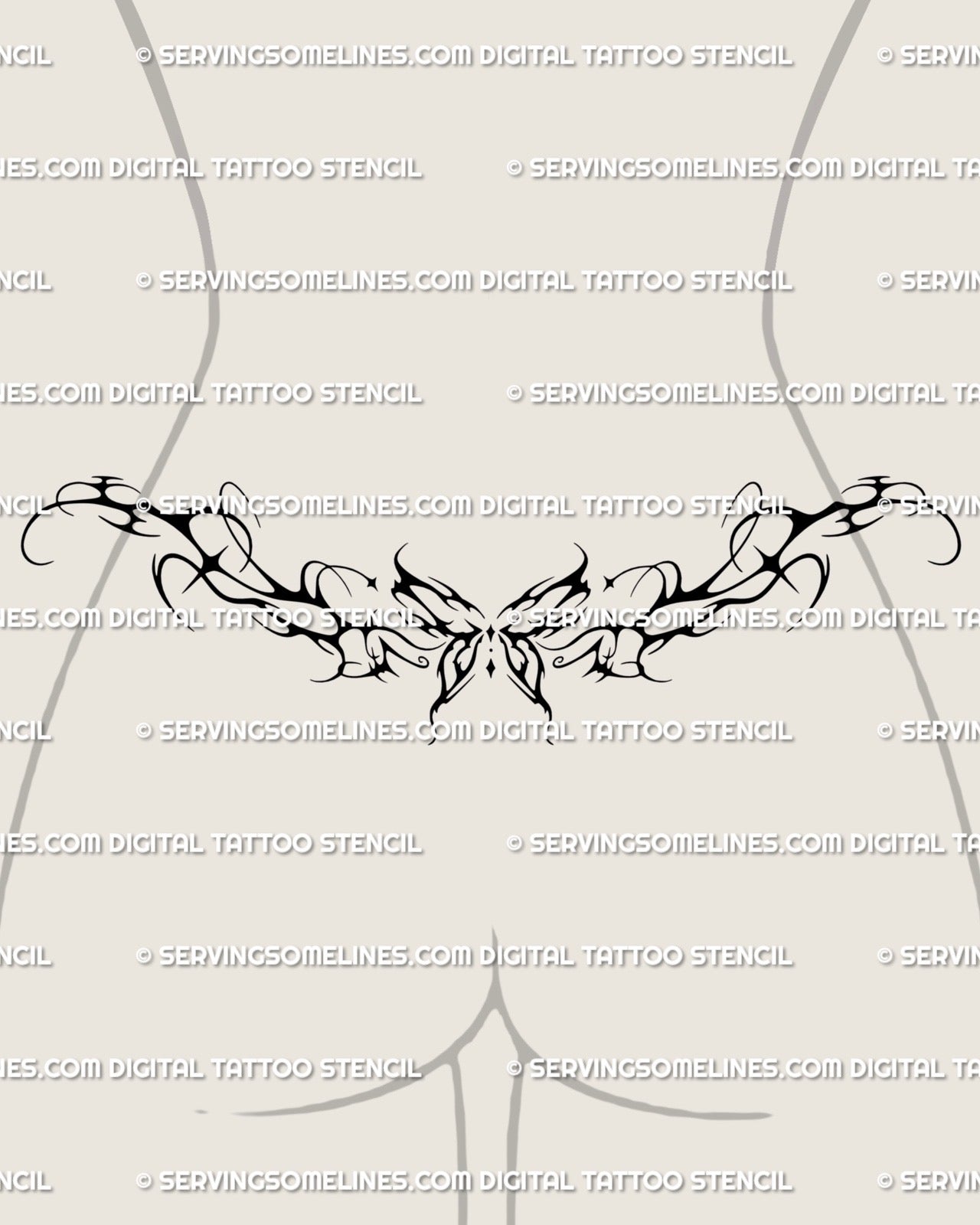 Y2K butterfly lower back tattoo shown on women's lower back placement example, with a sleek centered butterfly and wide waistline spread.