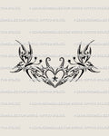 digital stencil showing a Y2K butterfly tribal heart with star accents drawn in clean fine line cyber inspired curves