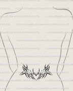 female waist mockup featuring a y2k butterfly tribal tramp stamp with a small heart center and symmetrical wings shaped for the lower back