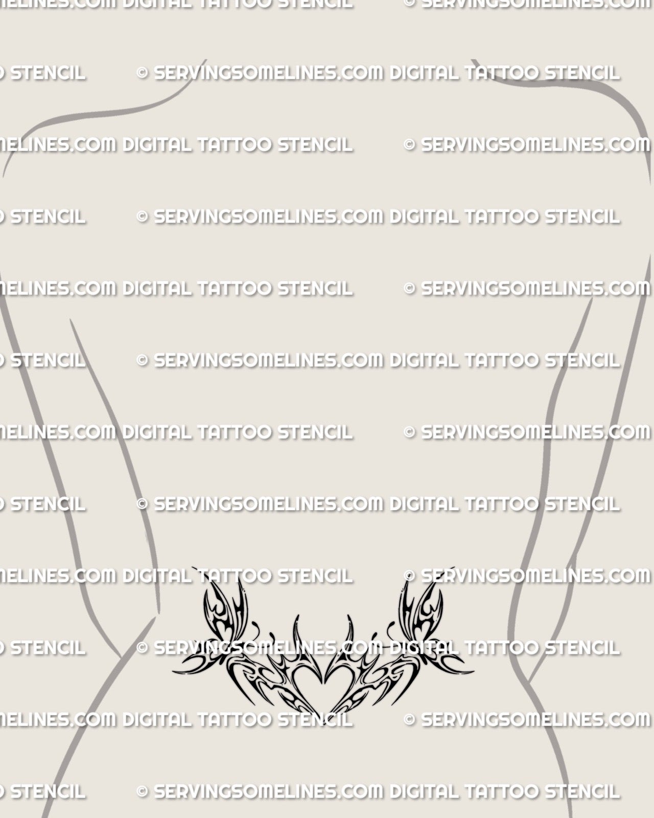 female waist mockup featuring a y2k butterfly tribal tramp stamp with a small heart center and symmetrical wings shaped for the lower back