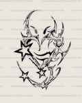 Y2K chrome heart tattoo stencil with tribal star spikes and cyber linework, bold neotribal heart design for arms, legs, or chest center. 