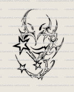 Y2K chrome heart tattoo stencil with tribal star spikes and cyber linework, bold neotribal heart design for arms, legs, or chest center. 