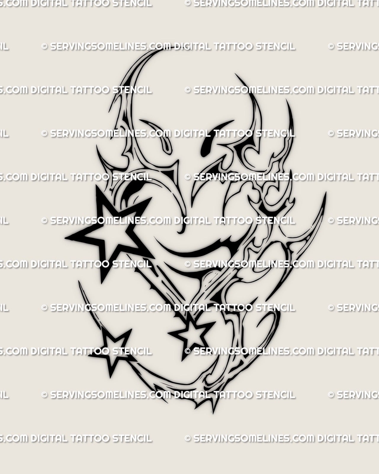 Y2K chrome heart tattoo stencil with tribal star spikes and cyber linework, bold neotribal heart design for arms, legs, or chest center. 