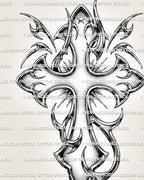 Y2K cross tattoo stencil design with chrome-style shading, tribal curves, sharp ornamental edges, and star detail
