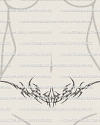 y2k cyber tribal metallic flame tattoo placed on a woman’s lower belly, razor shaped curves forming a bold waistband style accent