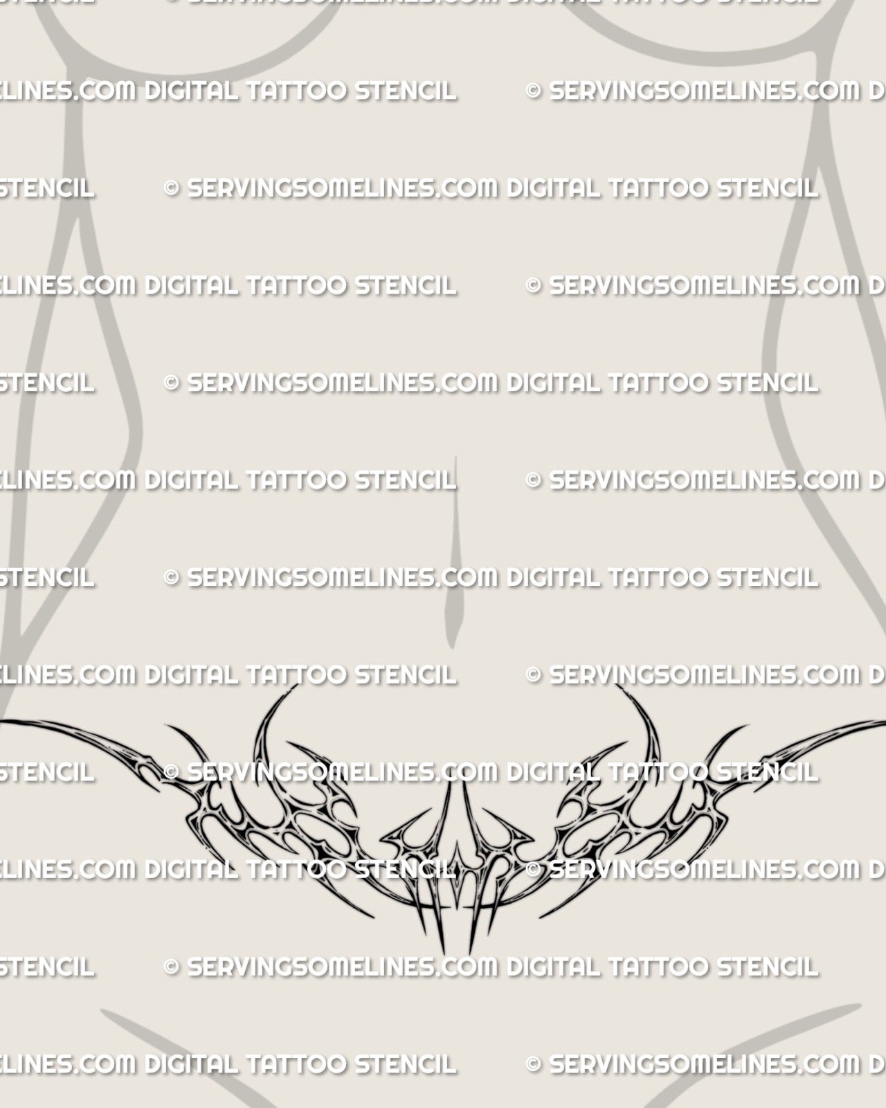 y2k cyber tribal metallic flame tattoo placed on a woman’s lower belly, razor shaped curves forming a bold waistband style accent