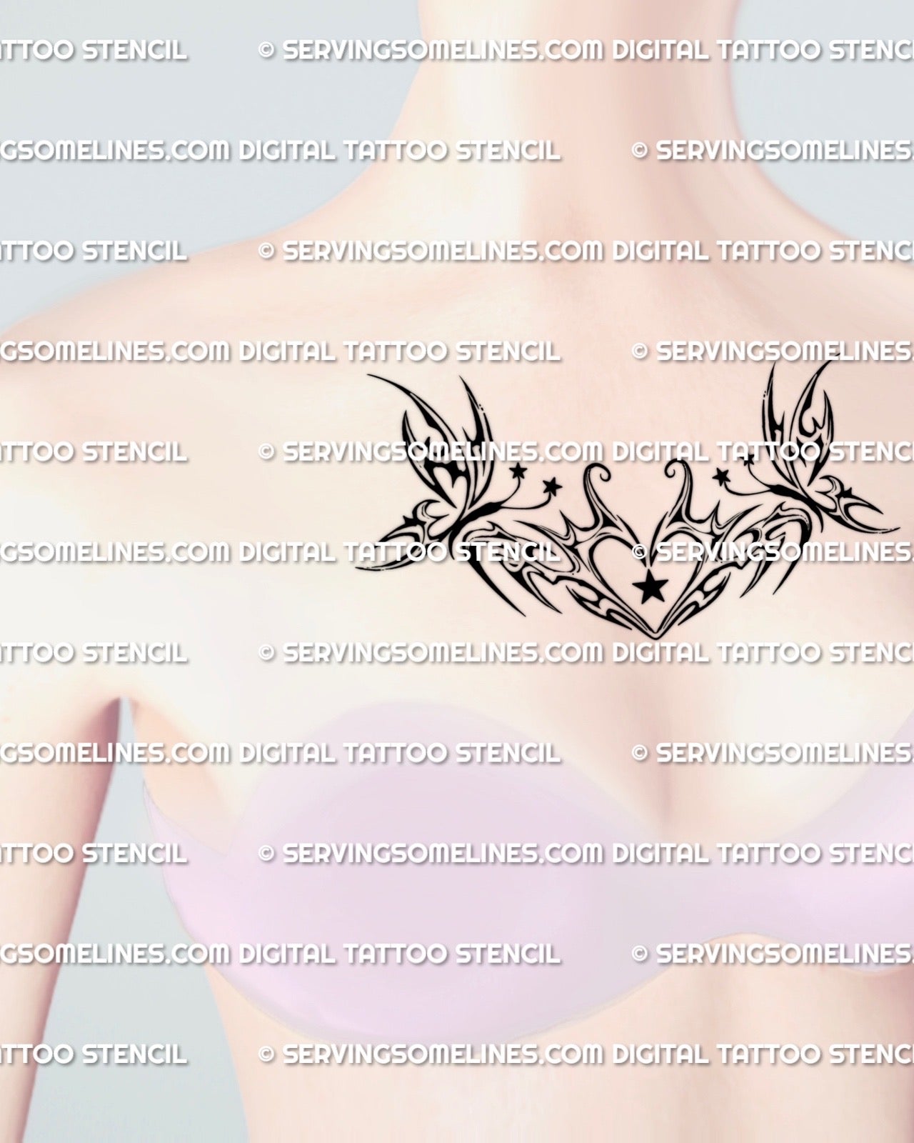 Heart with butterflies tattoo shown on womens chest center placement, with star accents and curved ornamental flow
