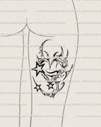 Y2K chrome heart and stars tattoo on woman’s back thigh, cybertribal neotribal heart stencil with metallic gothic look.