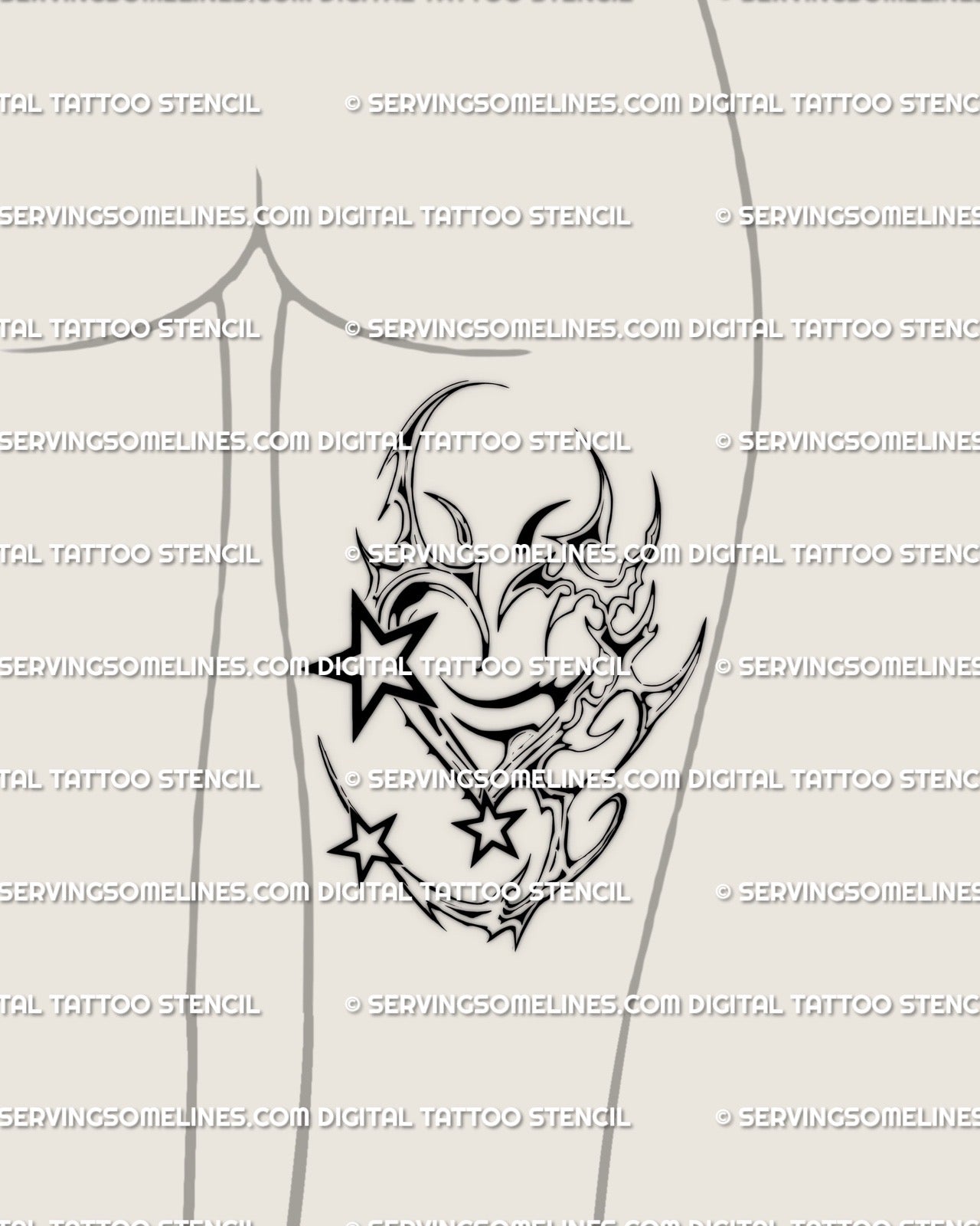 Y2K chrome heart and stars tattoo on woman’s back thigh, cybertribal neotribal heart stencil with metallic gothic look.