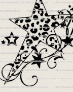 Y2K leopard print star tattoo stencil with cheetah spots and swirl accents, digital design ready for printing and tattoo stencil transfer.