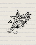 Y2K leopard print star tattoo stencil featuring cheetah spots and swirl accents, digital line art design for download and tattoo use.