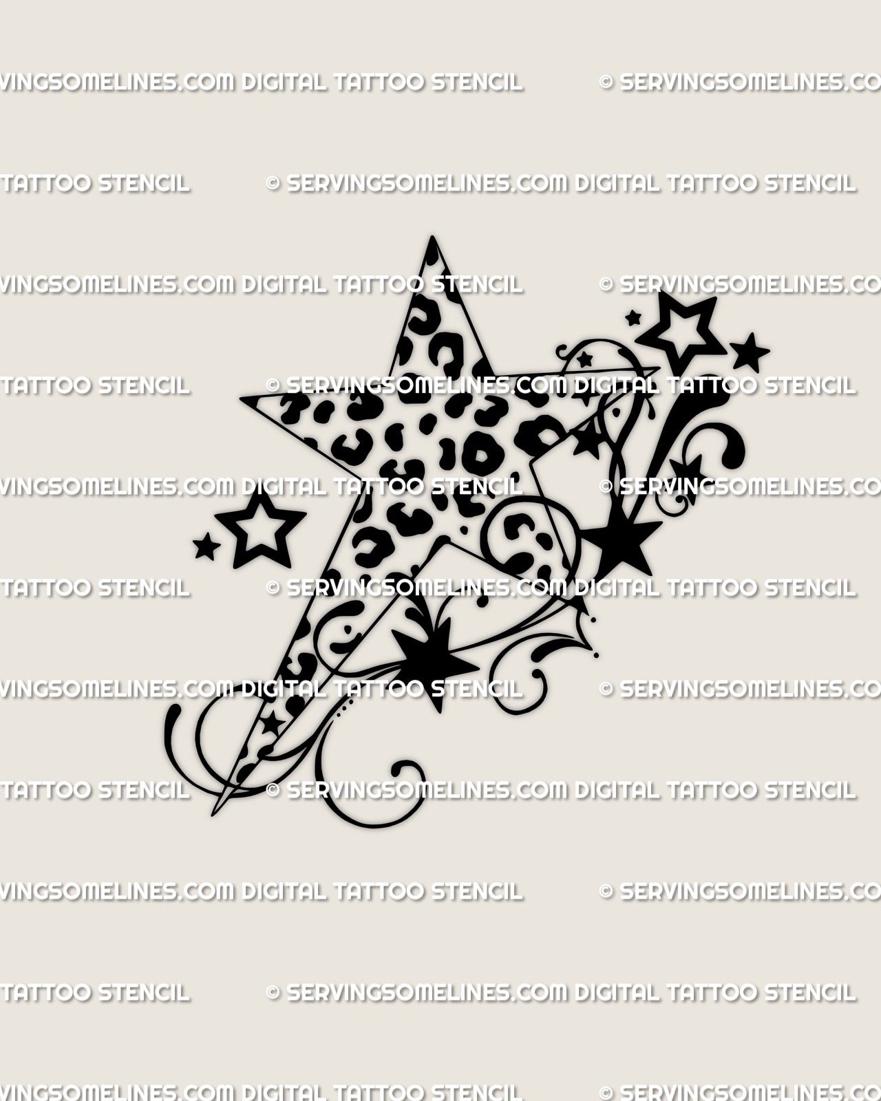 Y2K leopard print star tattoo stencil featuring cheetah spots and swirl accents, digital line art design for download and tattoo use.