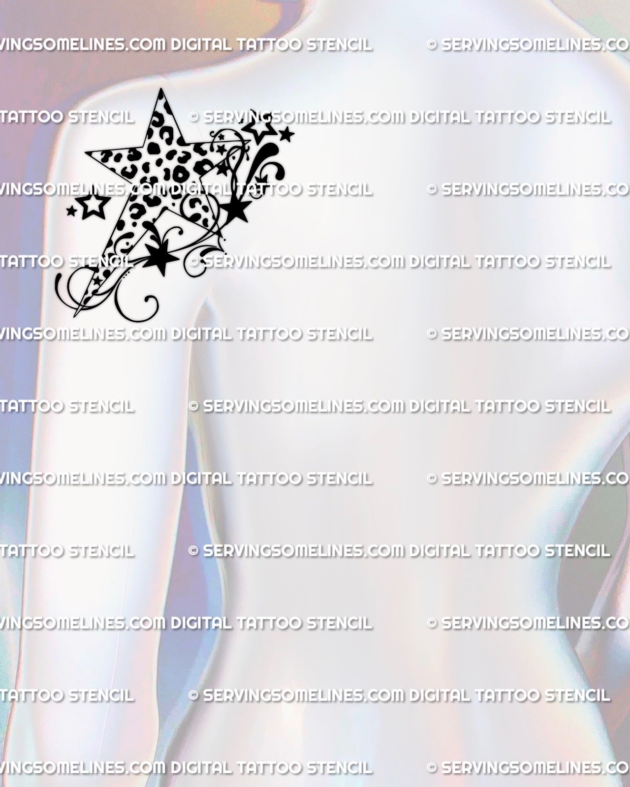 Digital leopard print star and swirl tattoo stencil in Y2K style, displayed on back shoulder placement for balanced stylish layout. 
