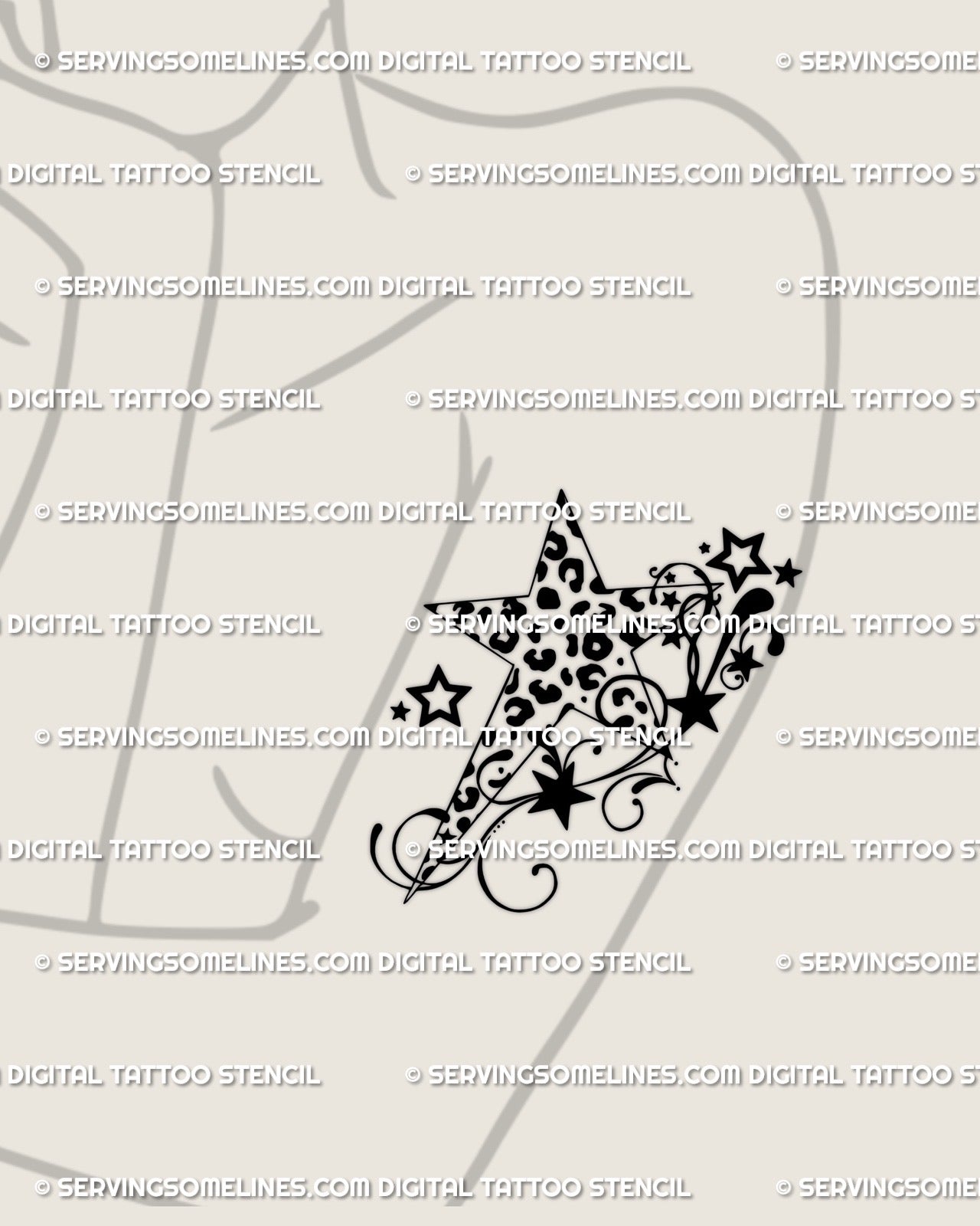 Y2K star tattoo design with cheetah print spots and swirling pattern, displayed on girl’s arm as bold yet minimal nostalgic tattoo.