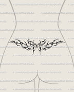 Y2K lower back butterfly tattoo displayed on placement, cyber tribal wings with ornamental symmetry and soft gothic cybersigilism vibe.