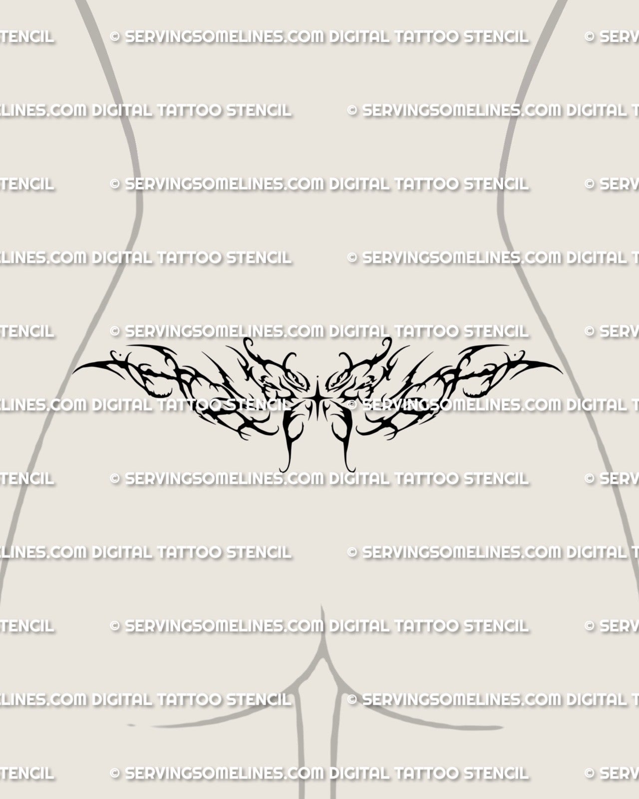 Y2K lower back butterfly tattoo displayed on placement, cyber tribal wings with ornamental symmetry and soft gothic cybersigilism vibe.