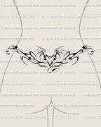 dark feminine y2k neotribal devil heart flame tattoo shown as a lower back tramp stamp on a woman, wide ornamental silhouette with stars
