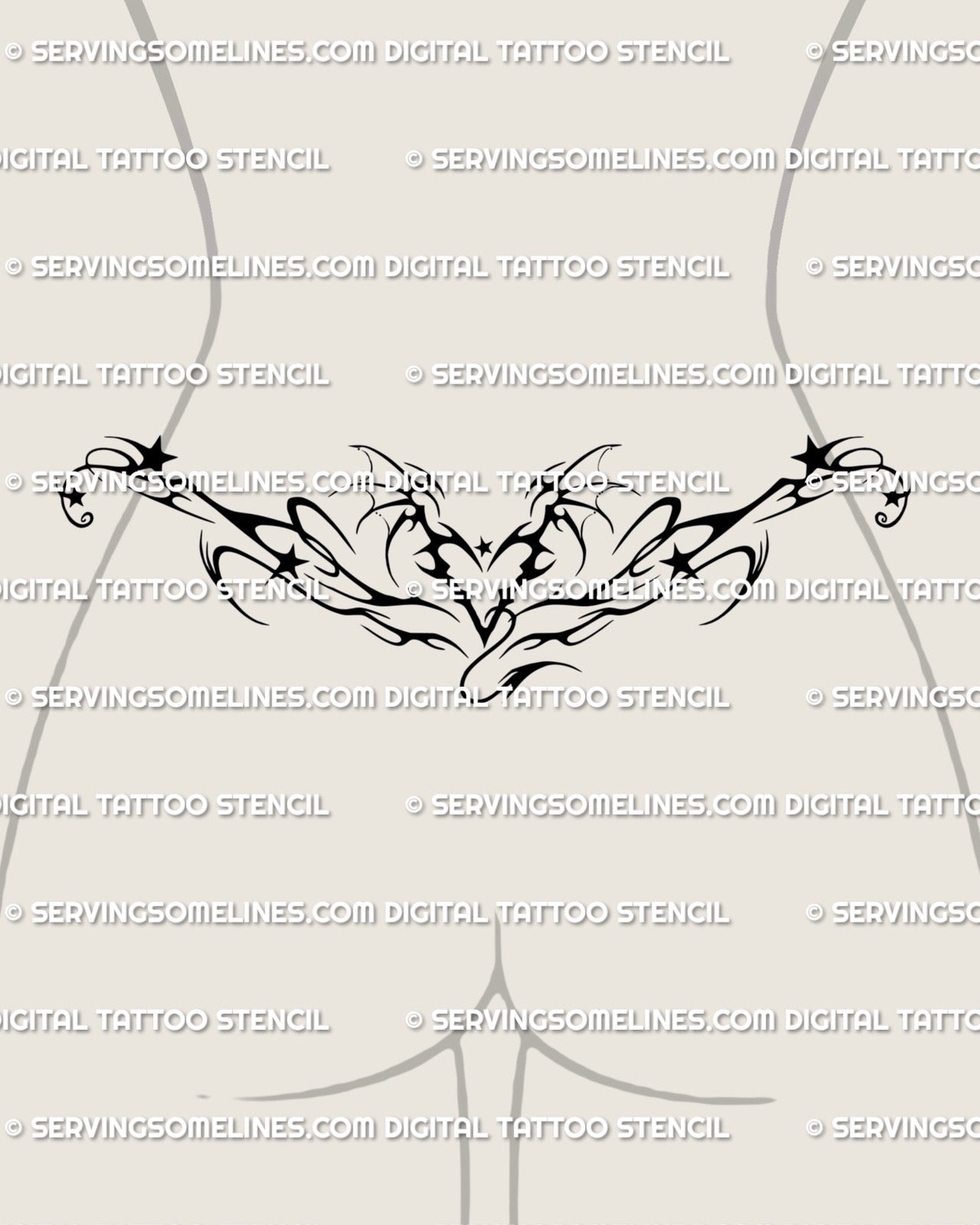 dark feminine y2k neotribal devil heart flame tattoo shown as a lower back tramp stamp on a woman, wide ornamental silhouette with stars
