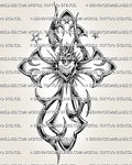 Y2K sacred heart cross tattoo stencil design with flaming heart center, chrome-style shading, sharp rays, and star accents