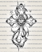 Y2K sacred heart cross tattoo stencil design with flaming heart center, chrome-style shading, sharp rays, and star accents