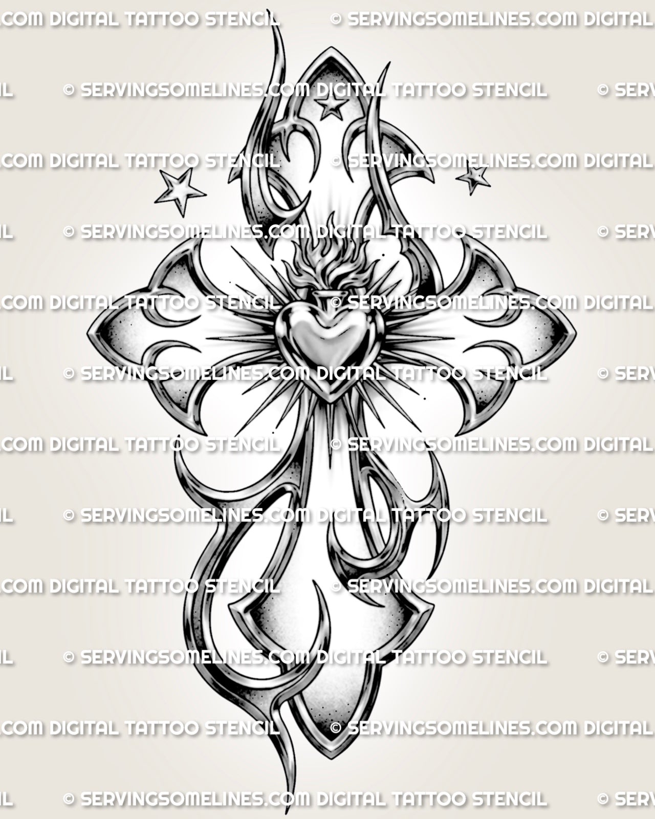 Y2K sacred heart cross tattoo stencil design with flaming heart center, chrome-style shading, sharp rays, and star accents