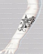 Digital Y2K star tattoo stencil with leopard print pattern and swirl line art, shown on forearm placement for clean modern look. 