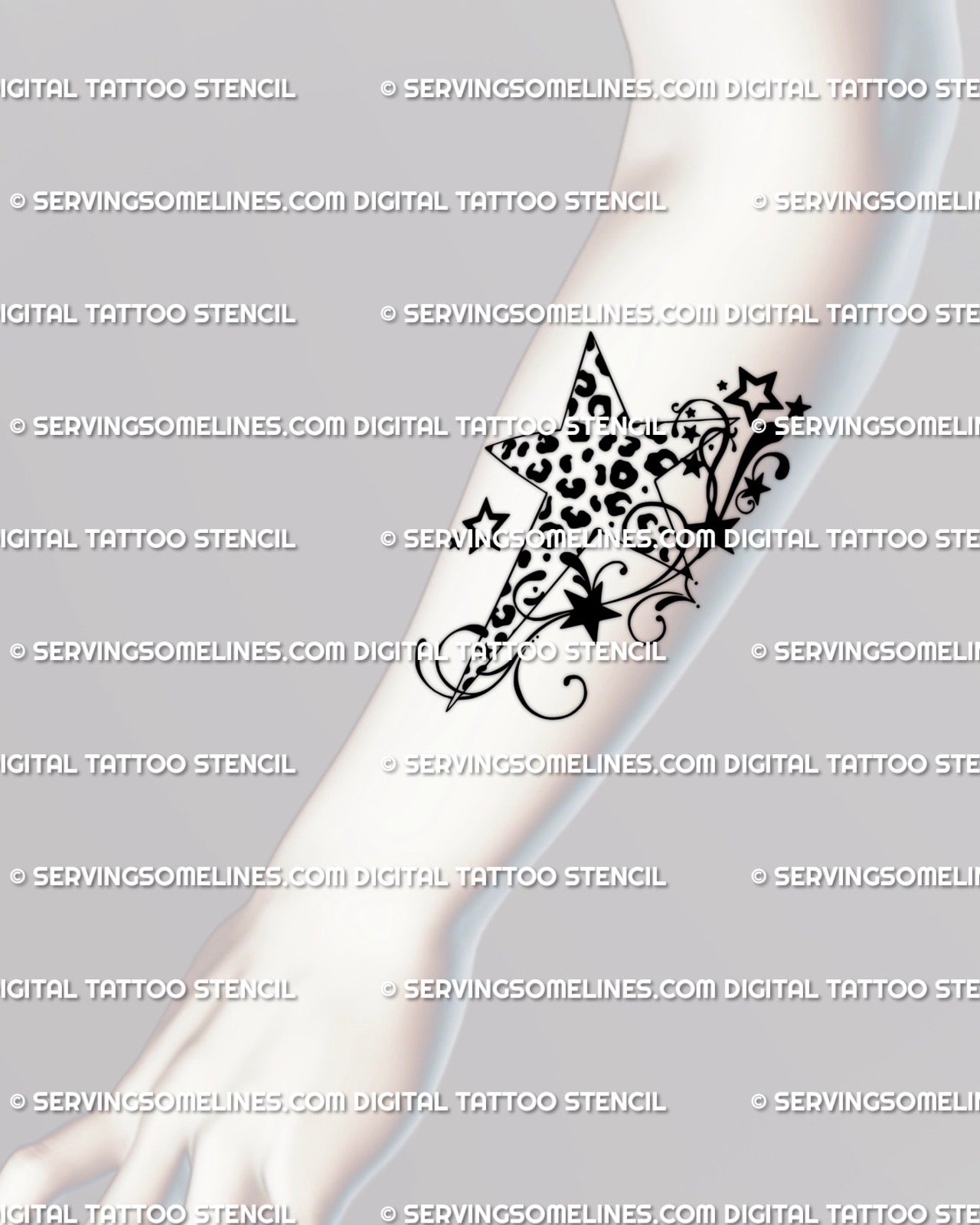 Digital Y2K star tattoo stencil with leopard print pattern and swirl line art, shown on forearm placement for clean modern look. 