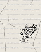 Y2K aesthetic star tattoo stencil with leopard print and swirl elements, displayed on female side rib placement, clean minimal style. 