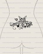Retro Y2K leopard print star tattoo stencil with swirls, placed on lower back as tramp stamp style feminine nostalgic tattoo art. 