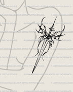 Y2K tribal butterfly tattoo design placed on female arm, minimal gothic dagger style with bold linework.